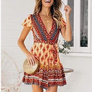 NWOT Bohemian Print Wrap V-neck A Line Dress
